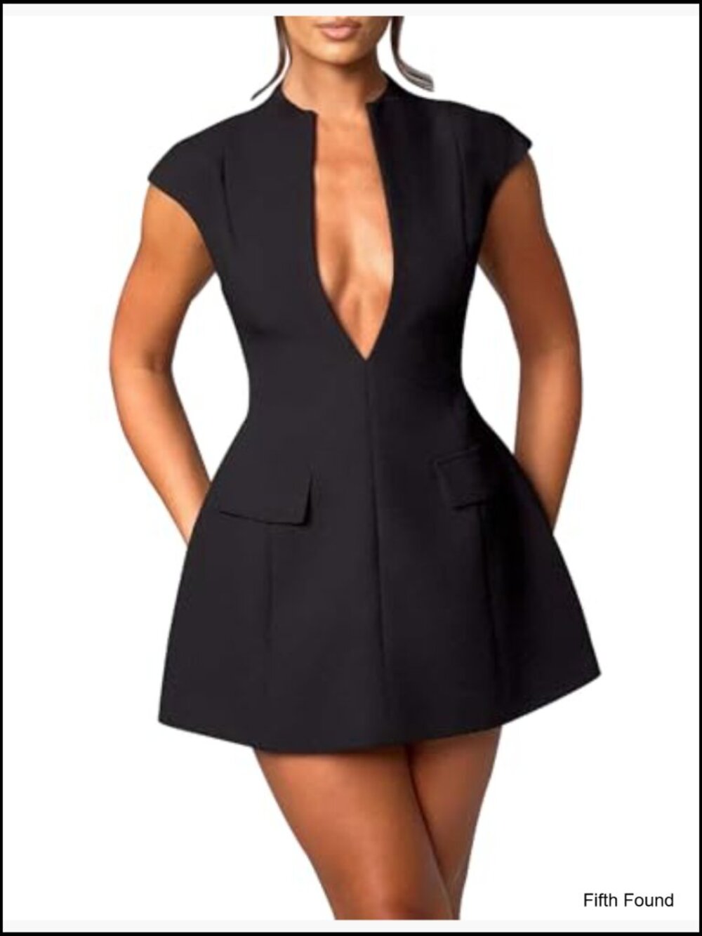 Cap Sleeve Deep V Neck Zipper A-line Mini Dress Night Out Party - Picture 5 of 7